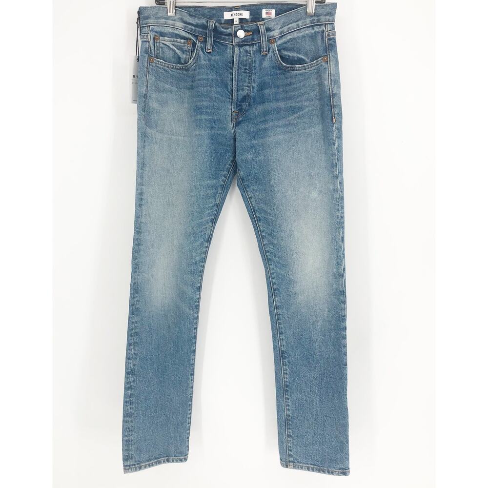 RE/DONE Men's Slim Leg Jeans 32 Light Blue Wash Mid Rise Button Fly Denim NWT